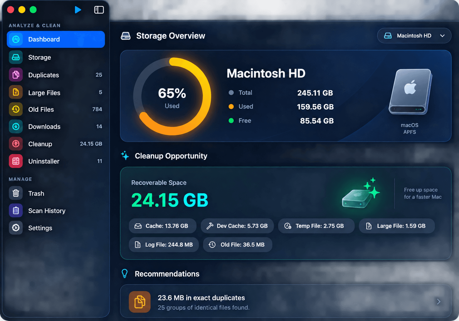 MacDiskCleaner Dashboard screen